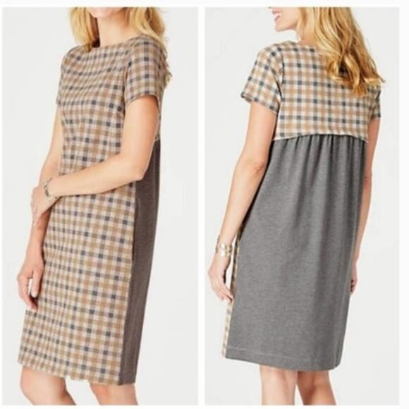 J Jill Plaid Short Sleeve Dress Gray Camel Size M - Picture 1 of 8